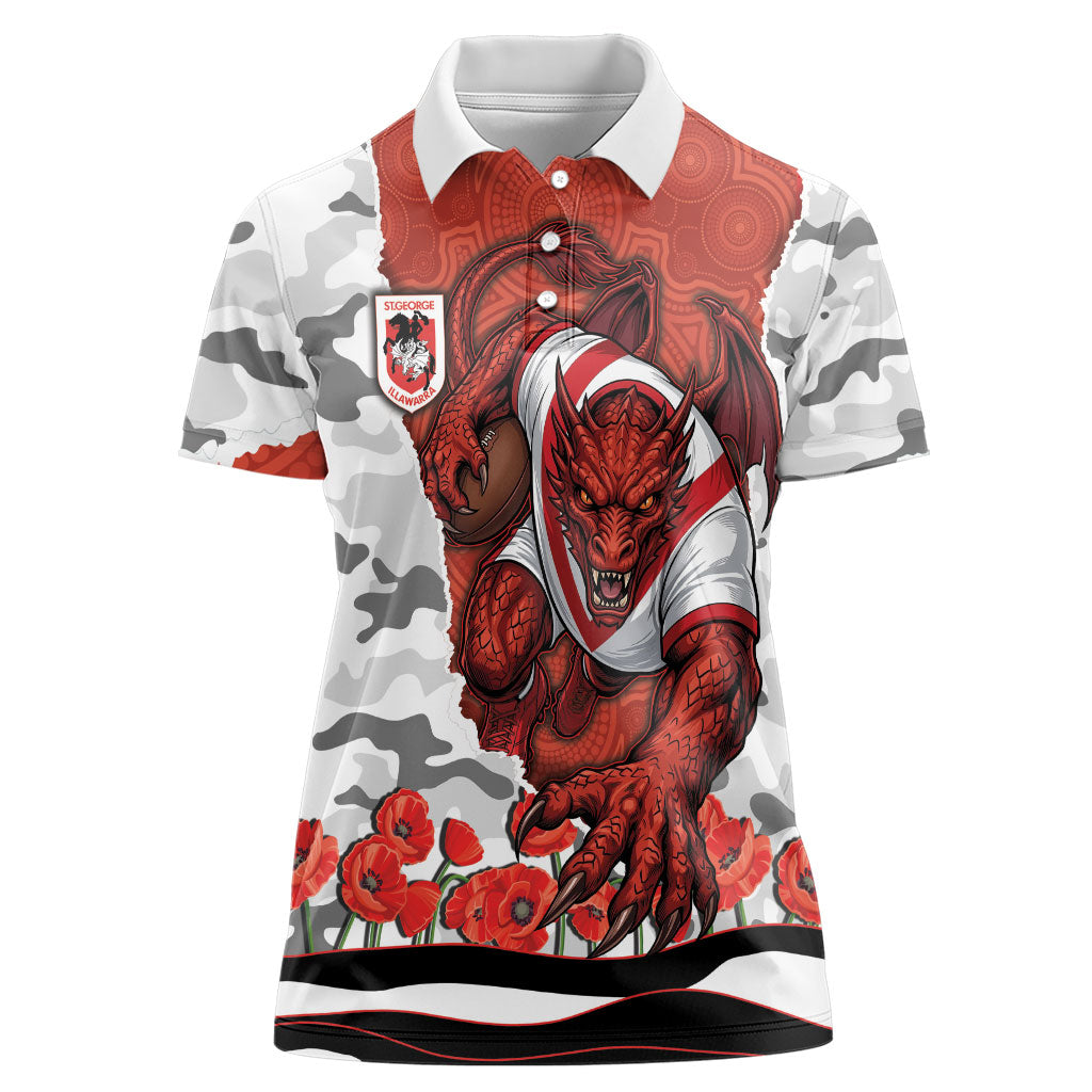 Personalized Dragons ANZAC Tribute Women Polo Shirt Poppy Field Soldier Silhouette Aboriginal Rugby Mascot