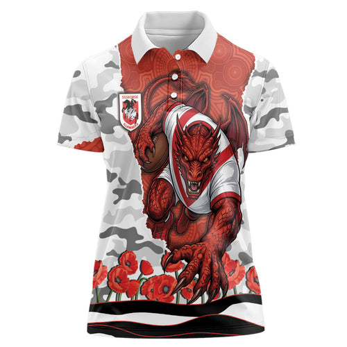 Personalized Dragons ANZAC Tribute Women Polo Shirt Poppy Field Soldier Silhouette Aboriginal Rugby Mascot