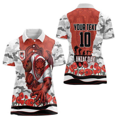 Personalized Dragons ANZAC Tribute Women Polo Shirt Poppy Field Soldier Silhouette Aboriginal Rugby Mascot