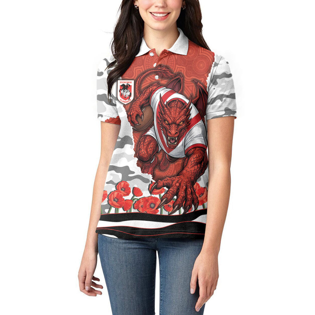 Personalized Dragons ANZAC Tribute Women Polo Shirt Poppy Field Soldier Silhouette Aboriginal Rugby Mascot