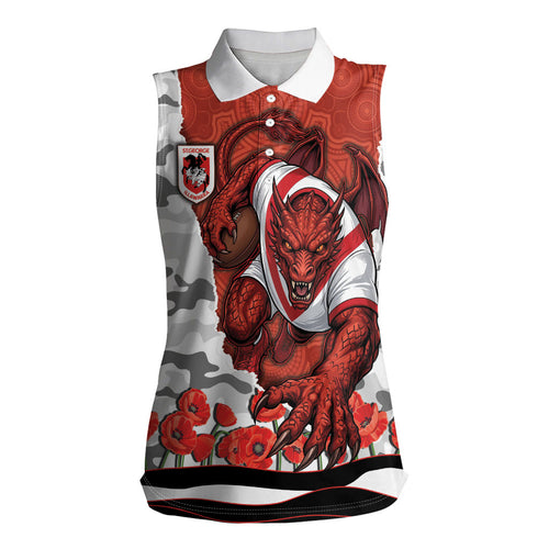 Personalized Dragons ANZAC Tribute Women Sleeveless Polo Shirt Poppy Field Soldier Silhouette Aboriginal Rugby Mascot