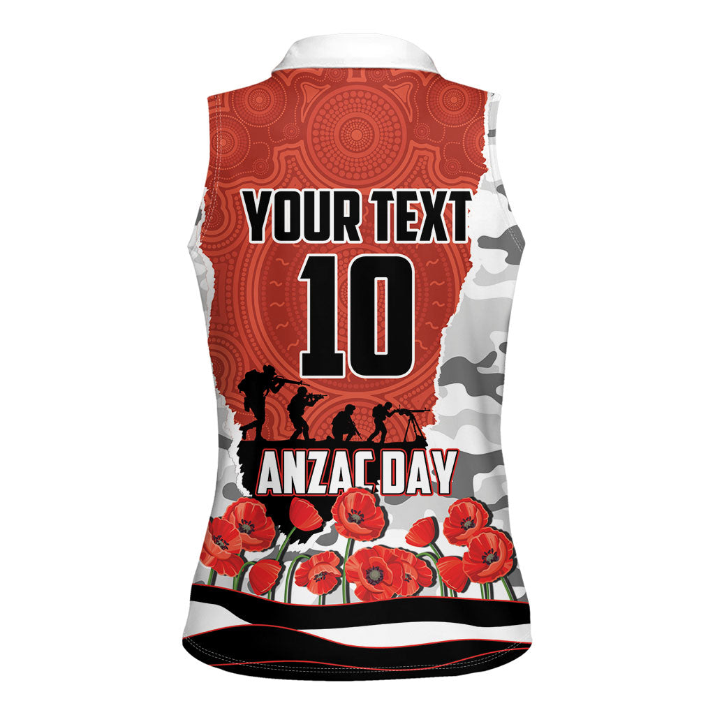 Personalized Dragons ANZAC Tribute Women Sleeveless Polo Shirt Poppy Field Soldier Silhouette Aboriginal Rugby Mascot