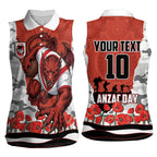 Personalized Dragons ANZAC Tribute Women Sleeveless Polo Shirt Poppy Field Soldier Silhouette Aboriginal Rugby Mascot