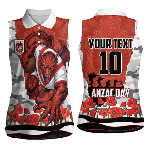 Personalized Dragons ANZAC Tribute Women Sleeveless Polo Shirt Poppy Field Soldier Silhouette Aboriginal Rugby Mascot