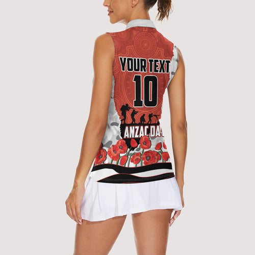 Personalized Dragons ANZAC Tribute Women Sleeveless Polo Shirt Poppy Field Soldier Silhouette Aboriginal Rugby Mascot