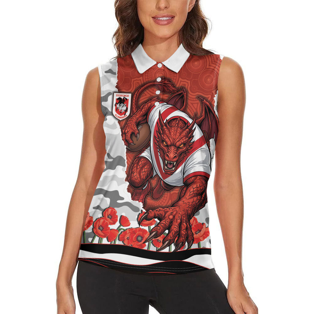 Personalized Dragons ANZAC Tribute Women Sleeveless Polo Shirt Poppy Field Soldier Silhouette Aboriginal Rugby Mascot