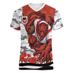 Personalized Dragons ANZAC Tribute Women V-Neck T-Shirt Poppy Field Soldier Silhouette Aboriginal Rugby Mascot