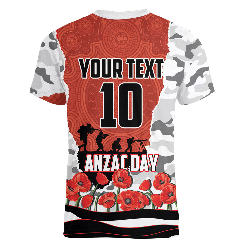Personalized Dragons ANZAC Tribute Women V-Neck T-Shirt Poppy Field Soldier Silhouette Aboriginal Rugby Mascot