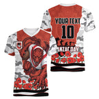 Personalized Dragons ANZAC Tribute Women V-Neck T-Shirt Poppy Field Soldier Silhouette Aboriginal Rugby Mascot
