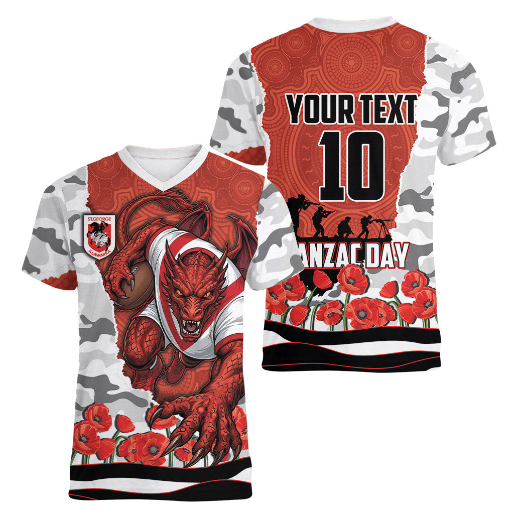 Personalized Dragons ANZAC Tribute Women V-Neck T-Shirt Poppy Field Soldier Silhouette Aboriginal Rugby Mascot