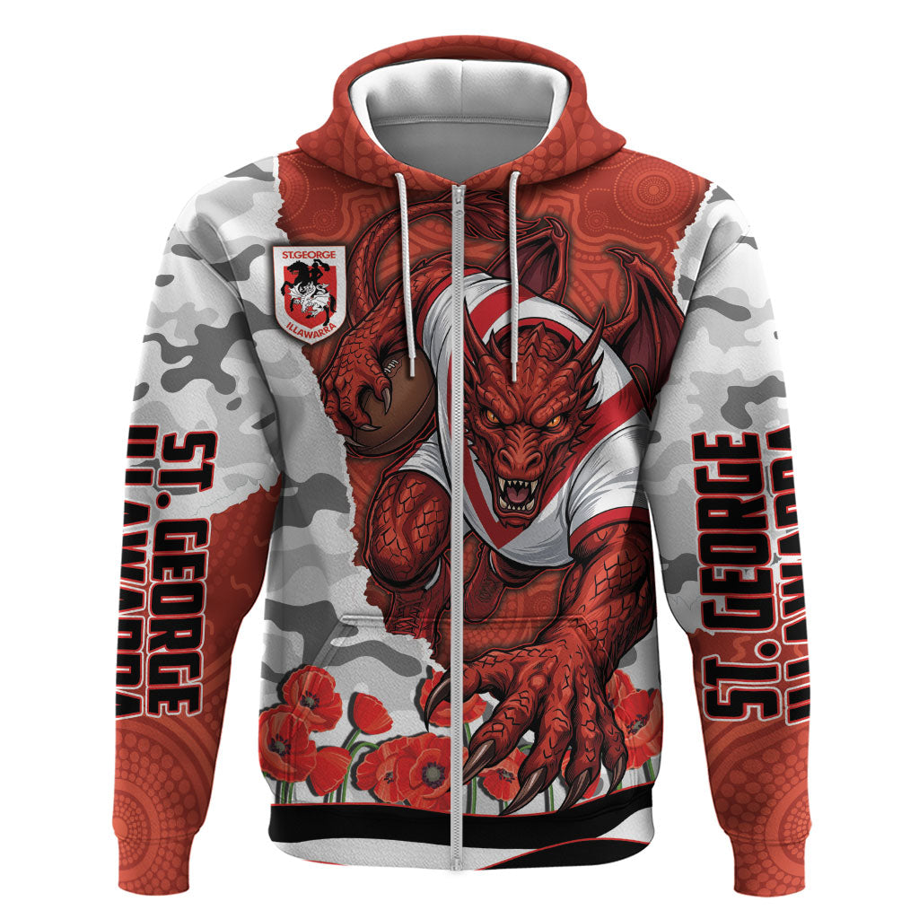 Personalized Dragons ANZAC Tribute Zip Hoodie Poppy Field Soldier Silhouette Aboriginal Rugby Mascot