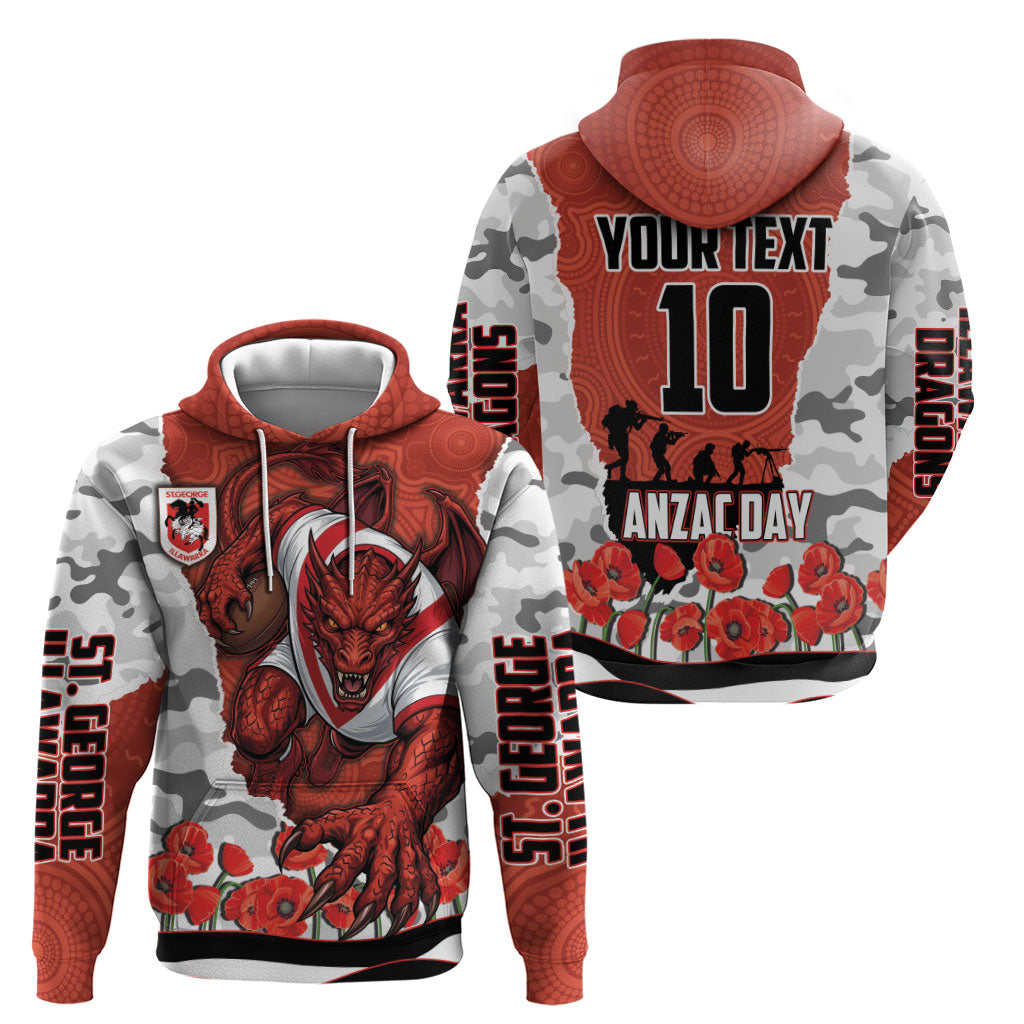 Personalized Dragons ANZAC Tribute Zip Hoodie Poppy Field Soldier Silhouette Aboriginal Rugby Mascot