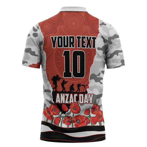 Personalized Dragons ANZAC Tribute Zipper Polo Shirt Poppy Field Soldier Silhouette Aboriginal Rugby Mascot