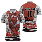Personalized Dragons ANZAC Tribute Zipper Polo Shirt Poppy Field Soldier Silhouette Aboriginal Rugby Mascot