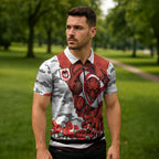 Personalized Dragons ANZAC Tribute Zipper Polo Shirt Poppy Field Soldier Silhouette Aboriginal Rugby Mascot