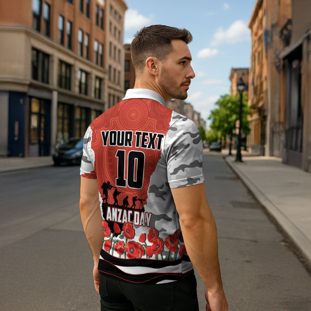 Personalized Dragons ANZAC Tribute Zipper Polo Shirt Poppy Field Soldier Silhouette Aboriginal Rugby Mascot