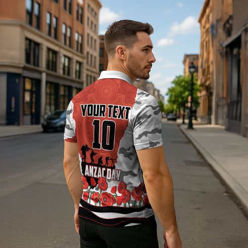 Personalized Dragons ANZAC Tribute Zipper Polo Shirt Poppy Field Soldier Silhouette Aboriginal Rugby Mascot