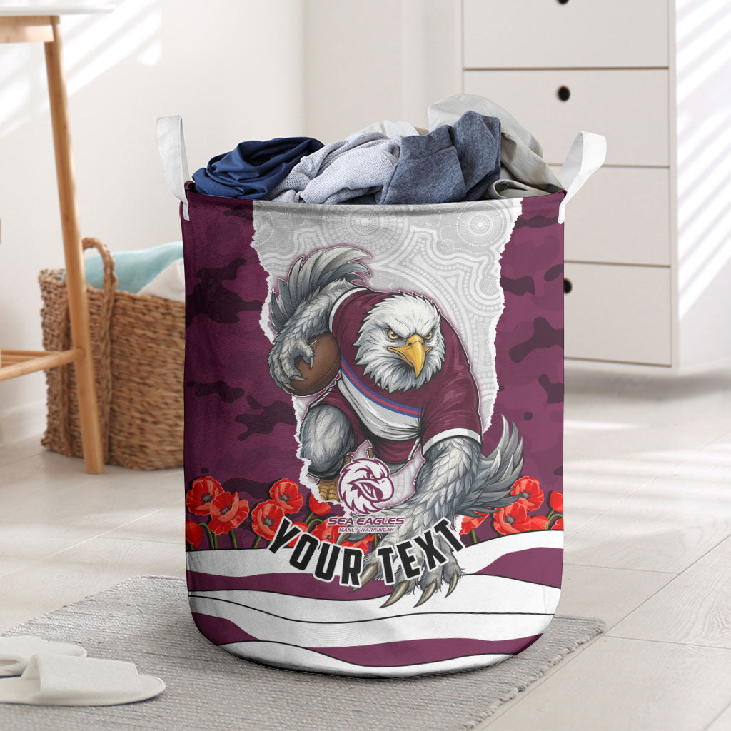 Personalized Sea Eagles ANZAC Tribute Laundry Basket Poppy Field Soldier Silhouette Aboriginal Rugby Mascot