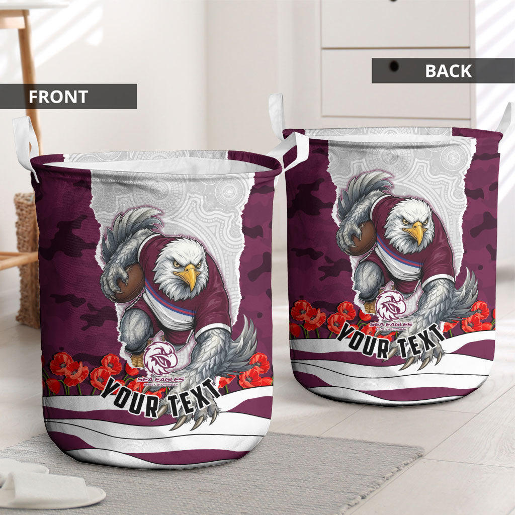 Personalized Sea Eagles ANZAC Tribute Laundry Basket Poppy Field Soldier Silhouette Aboriginal Rugby Mascot