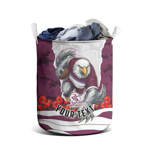 Personalized Sea Eagles ANZAC Tribute Laundry Basket Poppy Field Soldier Silhouette Aboriginal Rugby Mascot