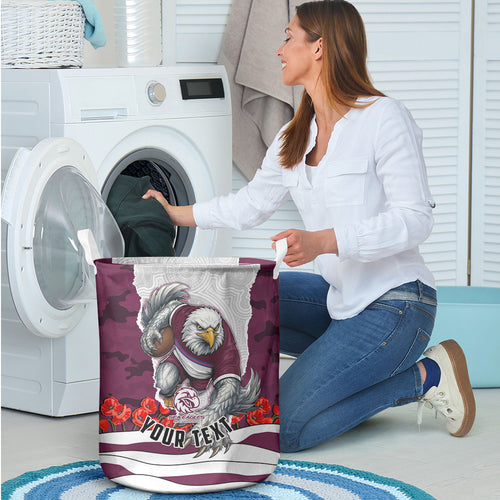 Personalized Sea Eagles ANZAC Tribute Laundry Basket Poppy Field Soldier Silhouette Aboriginal Rugby Mascot
