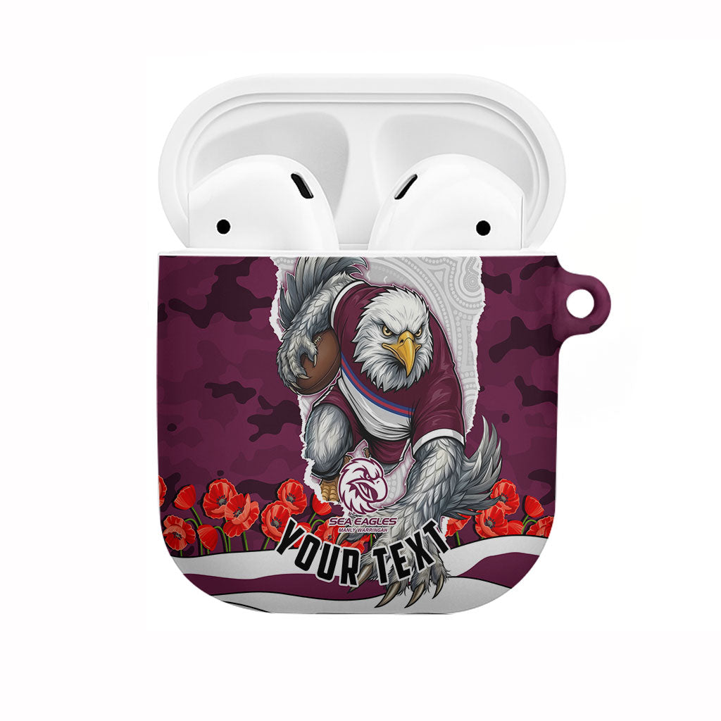 Personalized Sea Eagles ANZAC Tribute AirPods Case Poppy Field Soldier Silhouette Aboriginal Rugby Mascot