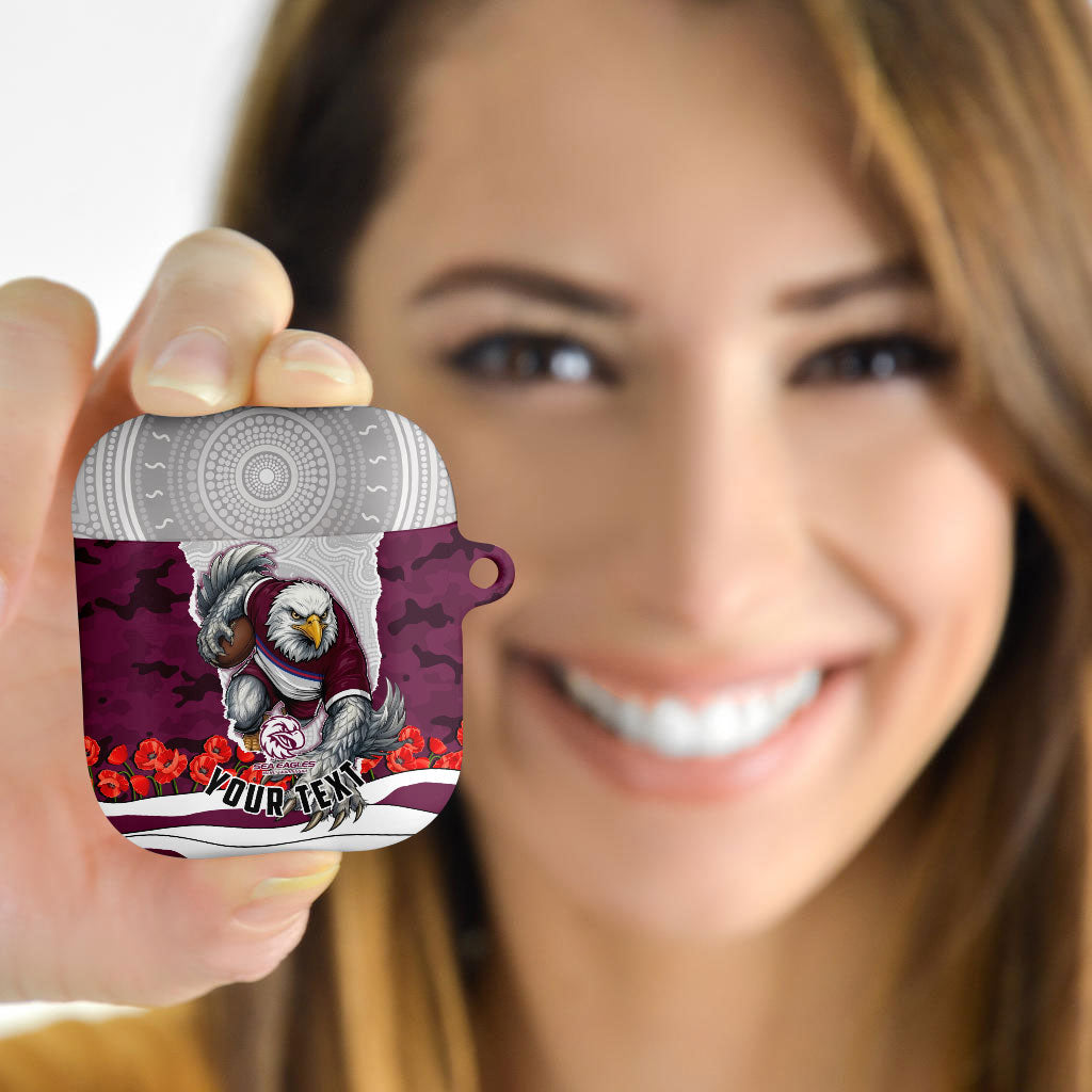 Personalized Sea Eagles ANZAC Tribute AirPods Case Poppy Field Soldier Silhouette Aboriginal Rugby Mascot