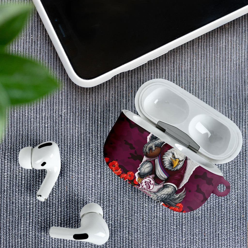 Personalized Sea Eagles ANZAC Tribute AirPods Case Poppy Field Soldier Silhouette Aboriginal Rugby Mascot