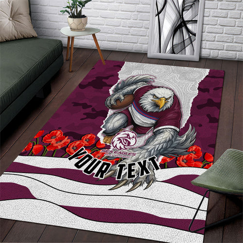 Personalized Sea Eagles ANZAC Tribute Area Rug Poppy Field Soldier Silhouette Aboriginal Rugby Mascot
