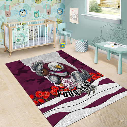 Personalized Sea Eagles ANZAC Tribute Area Rug Poppy Field Soldier Silhouette Aboriginal Rugby Mascot