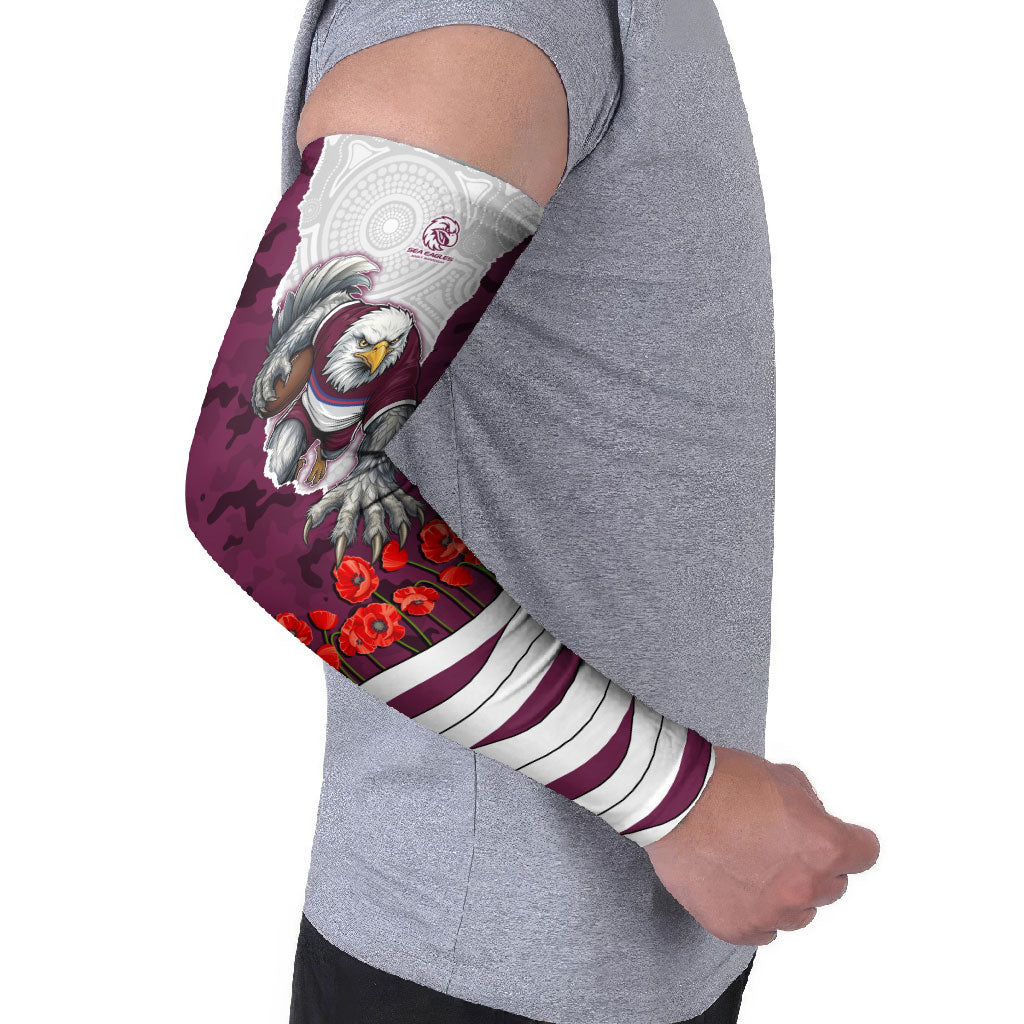 Personalized Sea Eagles ANZAC Tribute Arm Sleeves Poppy Field Soldier Silhouette Aboriginal Rugby Mascot