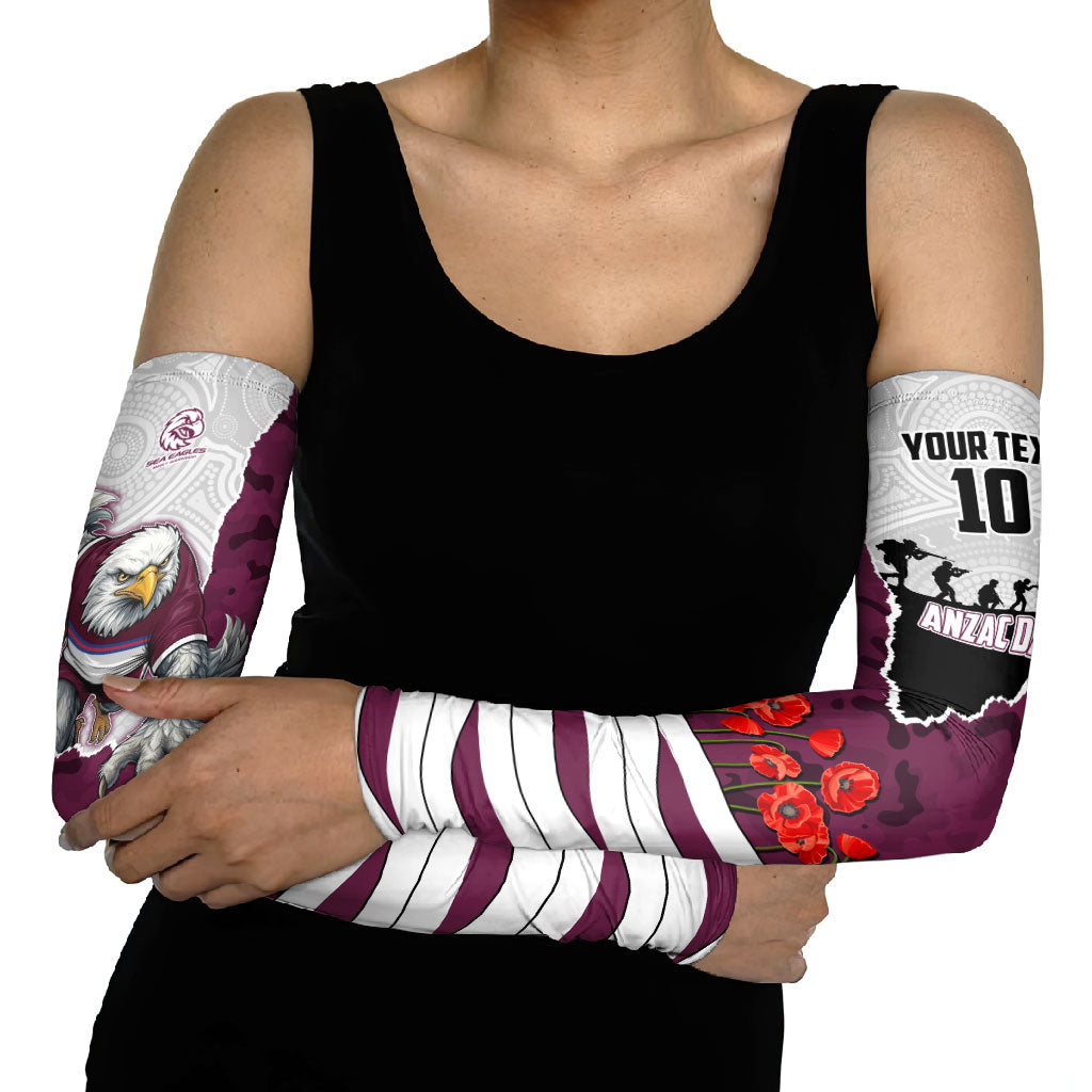 Personalized Sea Eagles ANZAC Tribute Arm Sleeves Poppy Field Soldier Silhouette Aboriginal Rugby Mascot