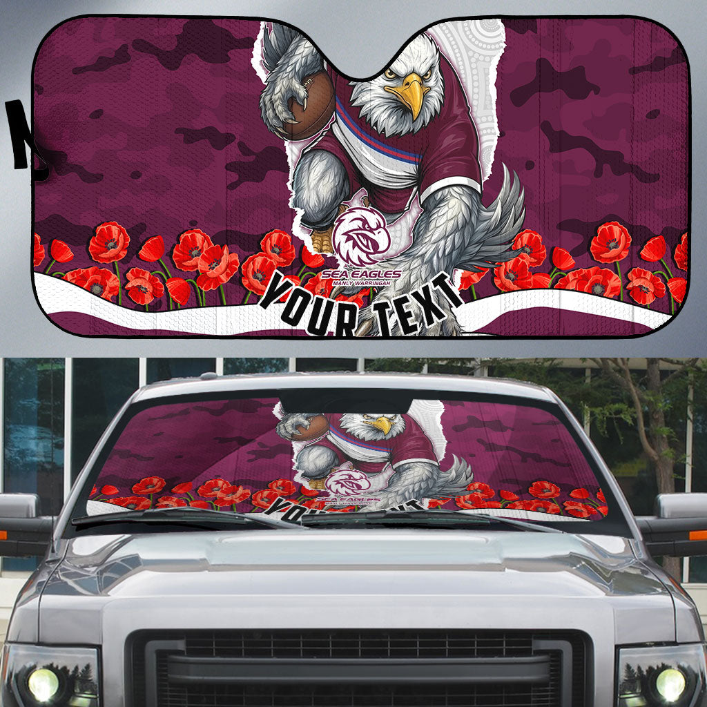 Personalized Sea Eagles ANZAC Tribute Auto Sun Shade Poppy Field Soldier Silhouette Aboriginal Rugby Mascot