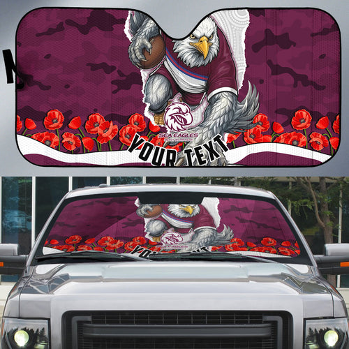 Personalized Sea Eagles ANZAC Tribute Auto Sun Shade Poppy Field Soldier Silhouette Aboriginal Rugby Mascot