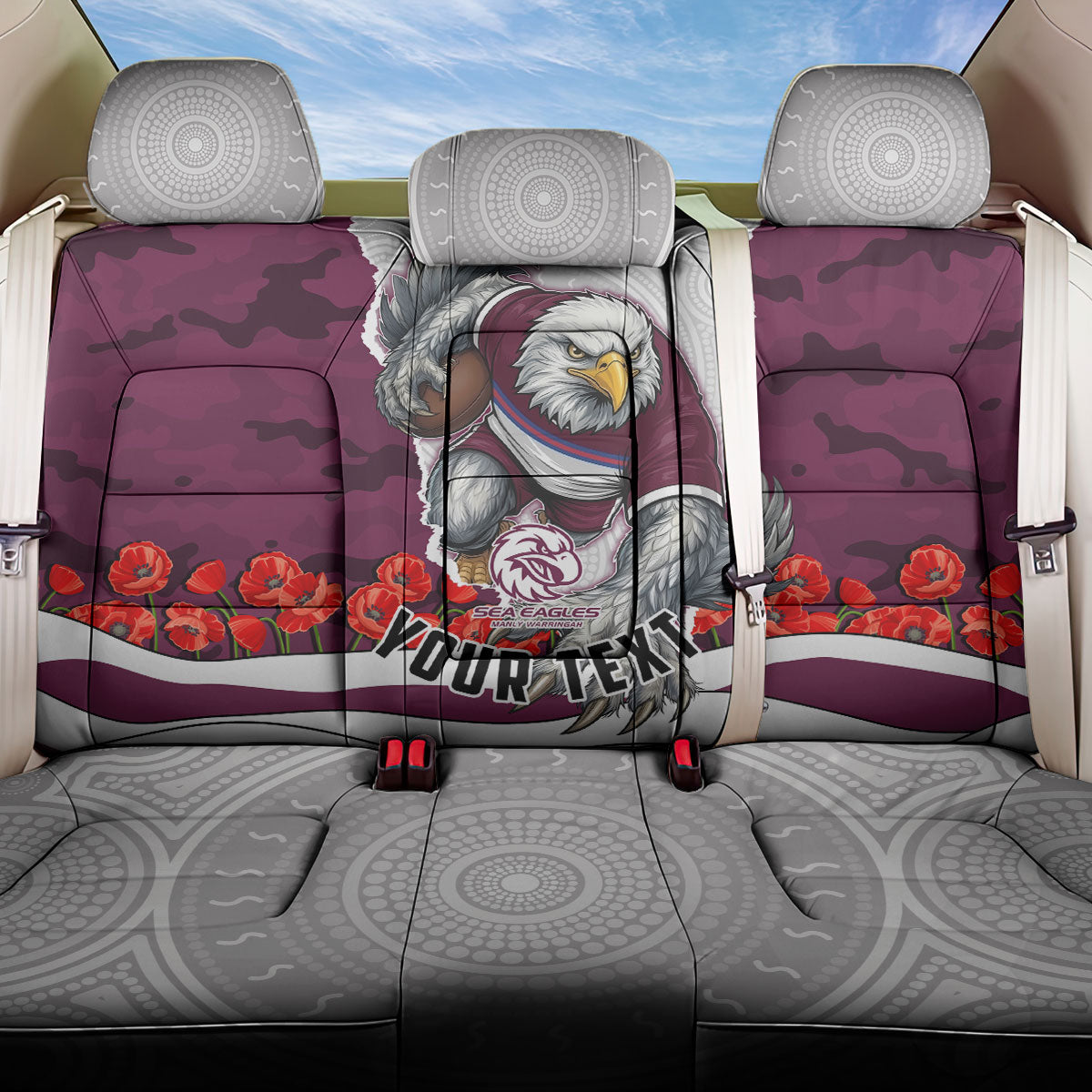 Personalized Sea Eagles ANZAC Tribute Back Car Seat Cover Poppy Field Soldier Silhouette Aboriginal Rugby Mascot