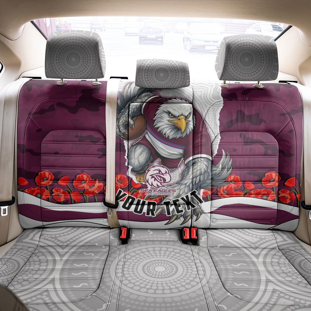 Personalized Sea Eagles ANZAC Tribute Back Car Seat Cover Poppy Field Soldier Silhouette Aboriginal Rugby Mascot