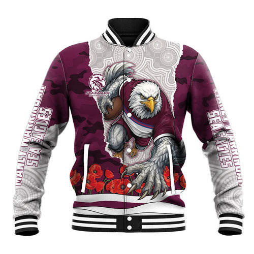 Personalized Sea Eagles ANZAC Tribute Baseball Jacket Poppy Field Soldier Silhouette Aboriginal Rugby Mascot