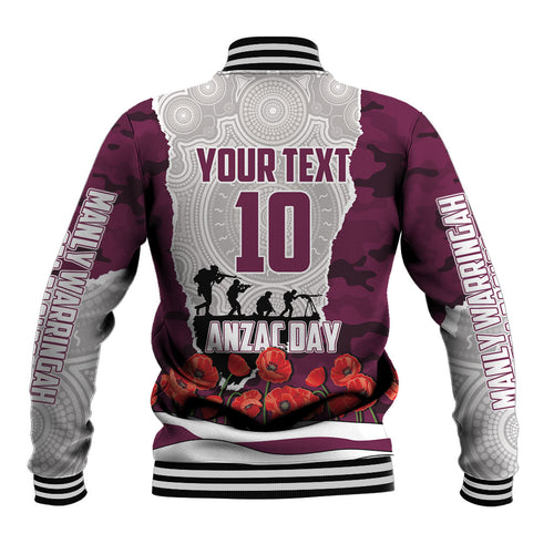 Personalized Sea Eagles ANZAC Tribute Baseball Jacket Poppy Field Soldier Silhouette Aboriginal Rugby Mascot