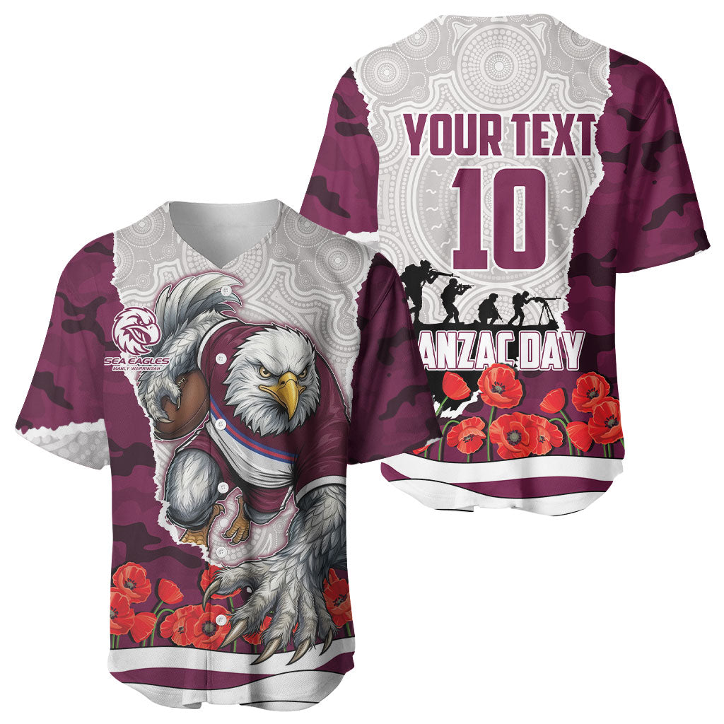 Personalized Sea Eagles ANZAC Tribute Baseball Jersey Poppy Field Soldier Silhouette Aboriginal Rugby Mascot