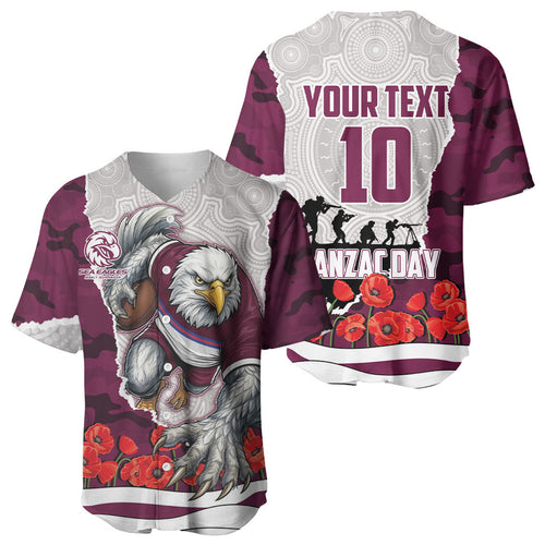 Personalized Sea Eagles ANZAC Tribute Baseball Jersey Poppy Field Soldier Silhouette Aboriginal Rugby Mascot