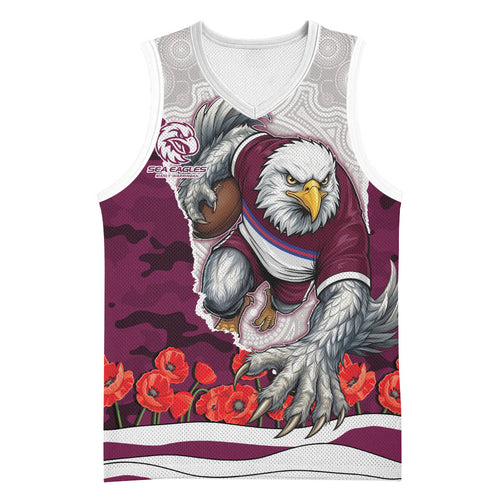Personalized Sea Eagles ANZAC Tribute Basketball Jersey Poppy Field Soldier Silhouette Aboriginal Rugby Mascot
