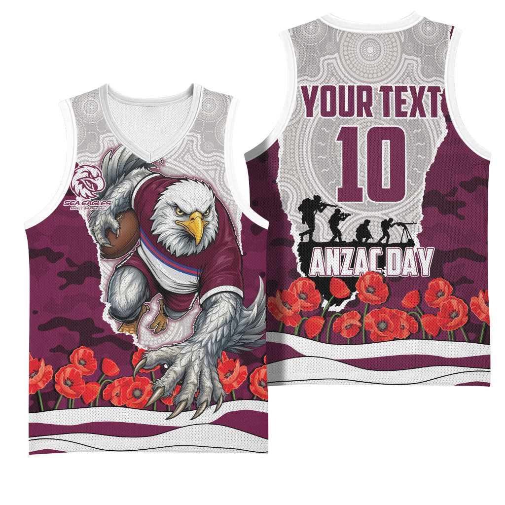 Personalized Sea Eagles ANZAC Tribute Basketball Jersey Poppy Field Soldier Silhouette Aboriginal Rugby Mascot