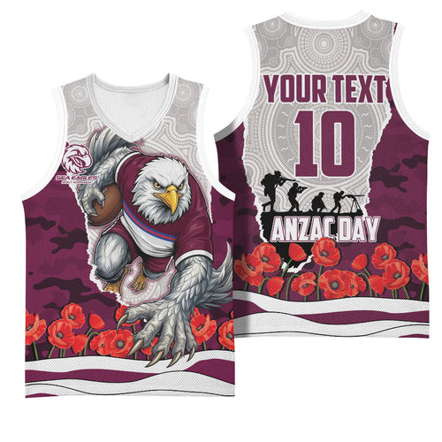 Personalized Sea Eagles ANZAC Tribute Basketball Jersey Poppy Field Soldier Silhouette Aboriginal Rugby Mascot