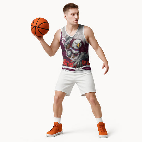 Personalized Sea Eagles ANZAC Tribute Basketball Jersey Poppy Field Soldier Silhouette Aboriginal Rugby Mascot