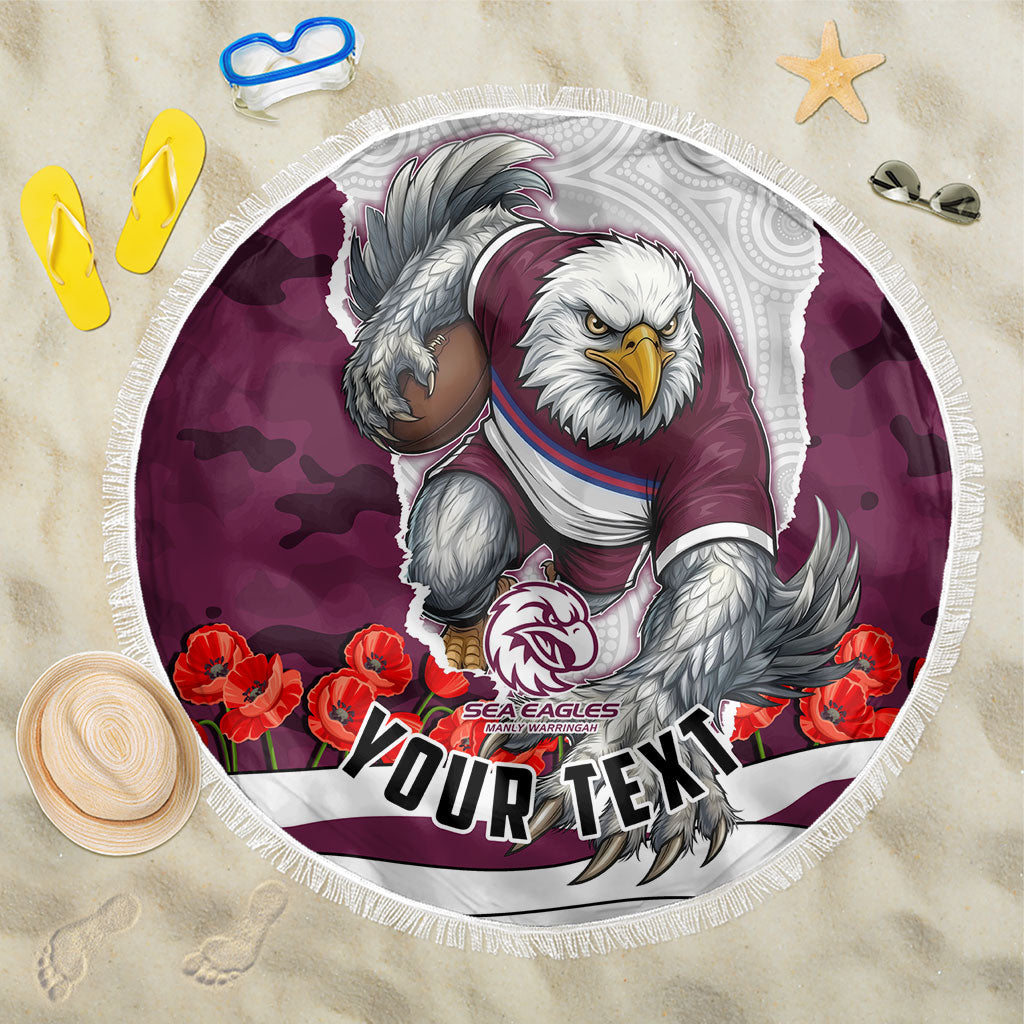 Personalized Sea Eagles ANZAC Tribute Beach Blanket Poppy Field Soldier Silhouette Aboriginal Rugby Mascot