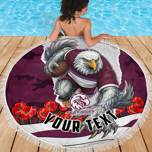 Personalized Sea Eagles ANZAC Tribute Beach Blanket Poppy Field Soldier Silhouette Aboriginal Rugby Mascot
