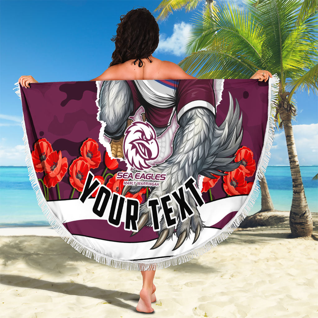 Personalized Sea Eagles ANZAC Tribute Beach Blanket Poppy Field Soldier Silhouette Aboriginal Rugby Mascot