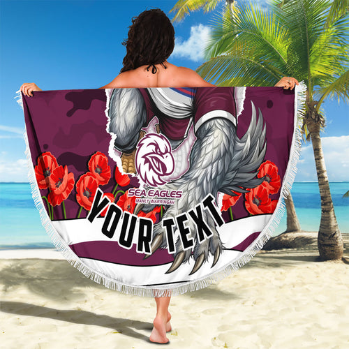 Personalized Sea Eagles ANZAC Tribute Beach Blanket Poppy Field Soldier Silhouette Aboriginal Rugby Mascot