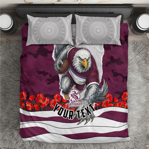 Personalized Sea Eagles ANZAC Tribute Bedding Set Poppy Field Soldier Silhouette Aboriginal Rugby Mascot