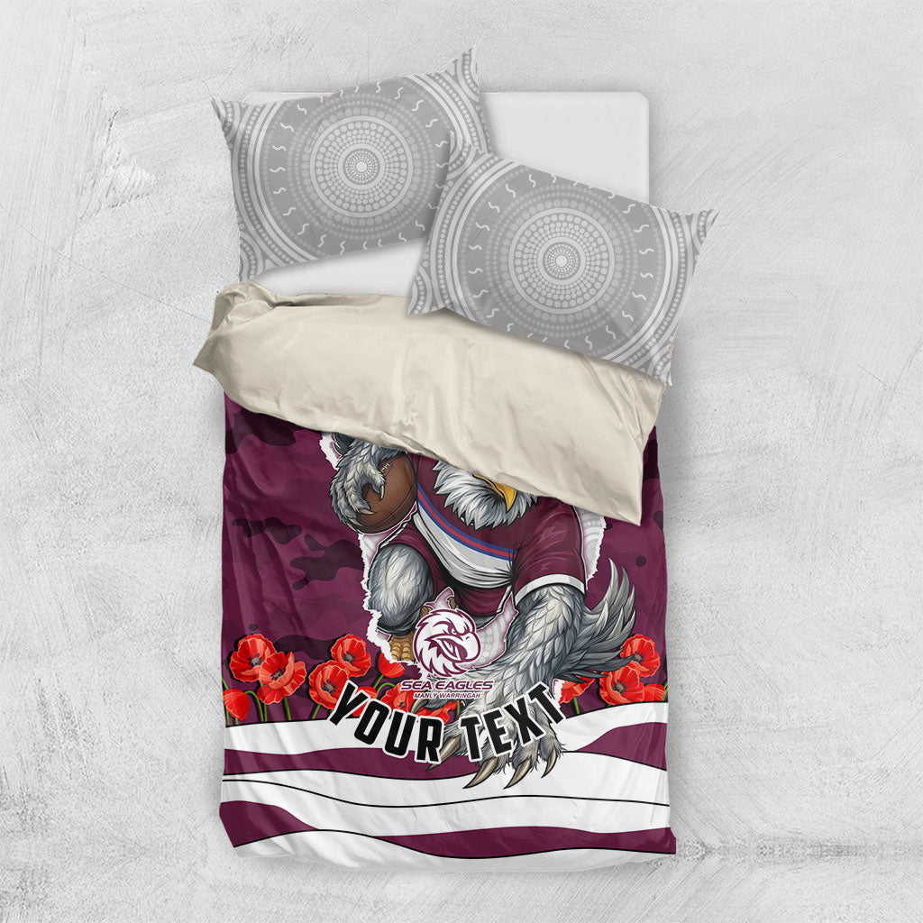 Personalized Sea Eagles ANZAC Tribute Bedding Set Poppy Field Soldier Silhouette Aboriginal Rugby Mascot